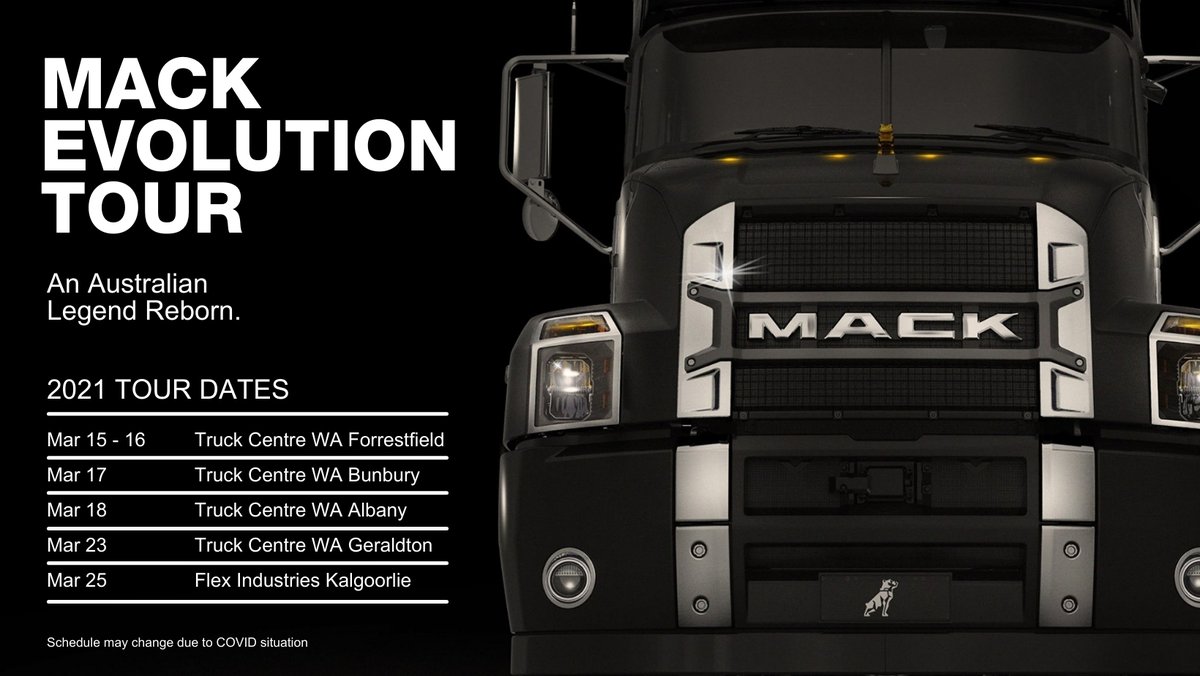 tcwafanpage's tweet image. The Mack Evolution Tour is heading to Western Australia! Check out the tour dates below and register your interest for a test drive by calling our team on 1800 199 517 or via our website (booking system online soon)! 

We can't wait for you to join us! 
#macktrucks #truckcentrewa