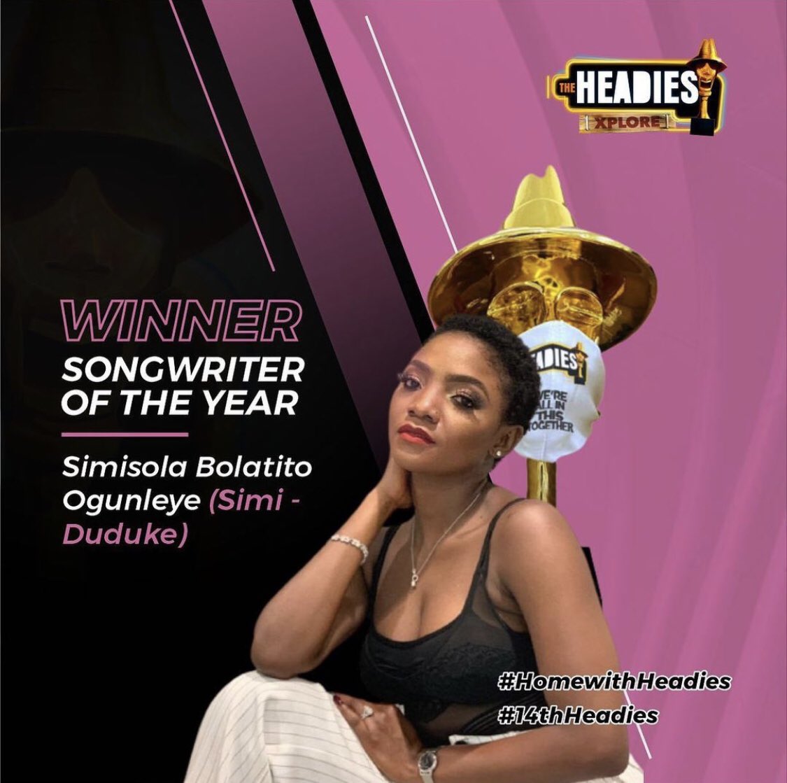 Entertaining22's tweet photo. 🏆 Songwriter Of The Year Award goes to :

@SympLySimi Duduke

 #14Headies https://t.co/UtKt4k5Koy