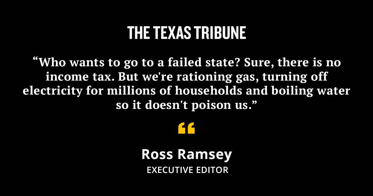 TexasTribune's tweet photo. The Texas government's failures in the face of a winter storm have been very hard on Texans, and could do lasting damage to the state's reputation. https://t.co/LaUHLpdPnZ via @rossramsey #txlege https://t.co/NeMdA37xRz