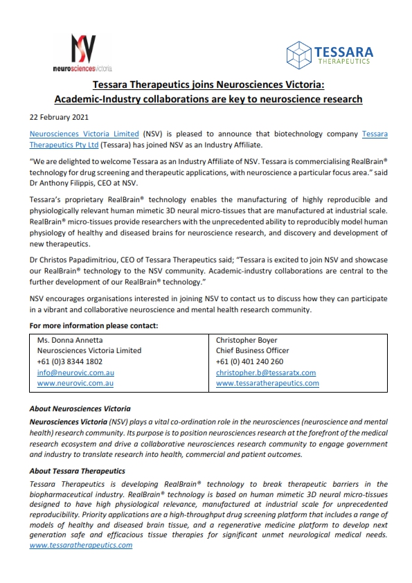 Tessara pleased to have recently joined <a href="/NeuroSciVic/">Neurosciences Victoria</a> as an Industry Affiliate. We are excited to be a partner of one of the leading #neuroscience organisations and networks in #victoria and #australia.