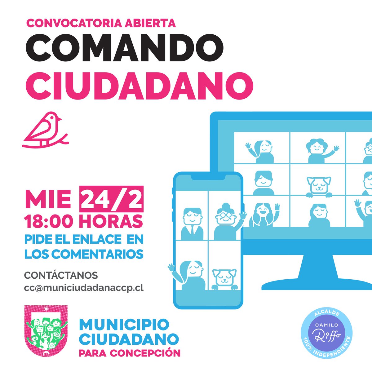 MunCiudadanaCCP's tweet photo. Este miércoles nos encontramos de forma virtual en el Comando Ciudadano. Si quieres contribuir y aportar a esta campaña, pídenos el link y participa! #ccp #concepcion #camiloriffoalcalde #municipales2021 @camiloriffo @FCordovaE https://t.co/huYOj0qalw