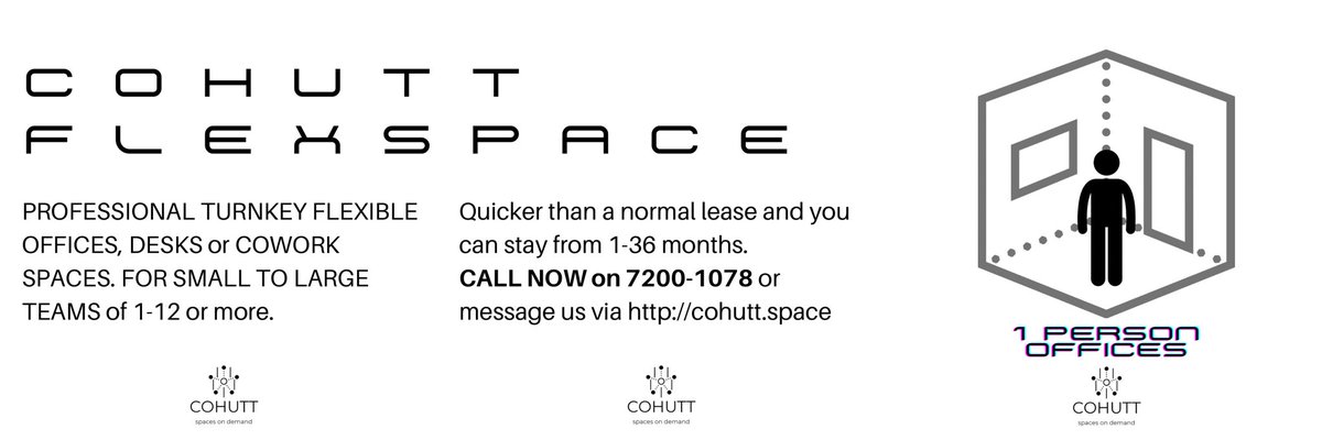 PROFESSIONAL TURNKEY #FLEXIBLE #OFFICES, #DESKS &amp; #COWORK SPACES FOR SMALL TO LARGE TEAMS of 1-12🙍🏼‍♂️🙍🏽‍♀️ or more.

Quicker than a normal #lease &amp; you can stay from 1-36 months.

CALL NOW 📞 7200-1078 or contact us via cohutt.space

#leasing #WorkFromHome