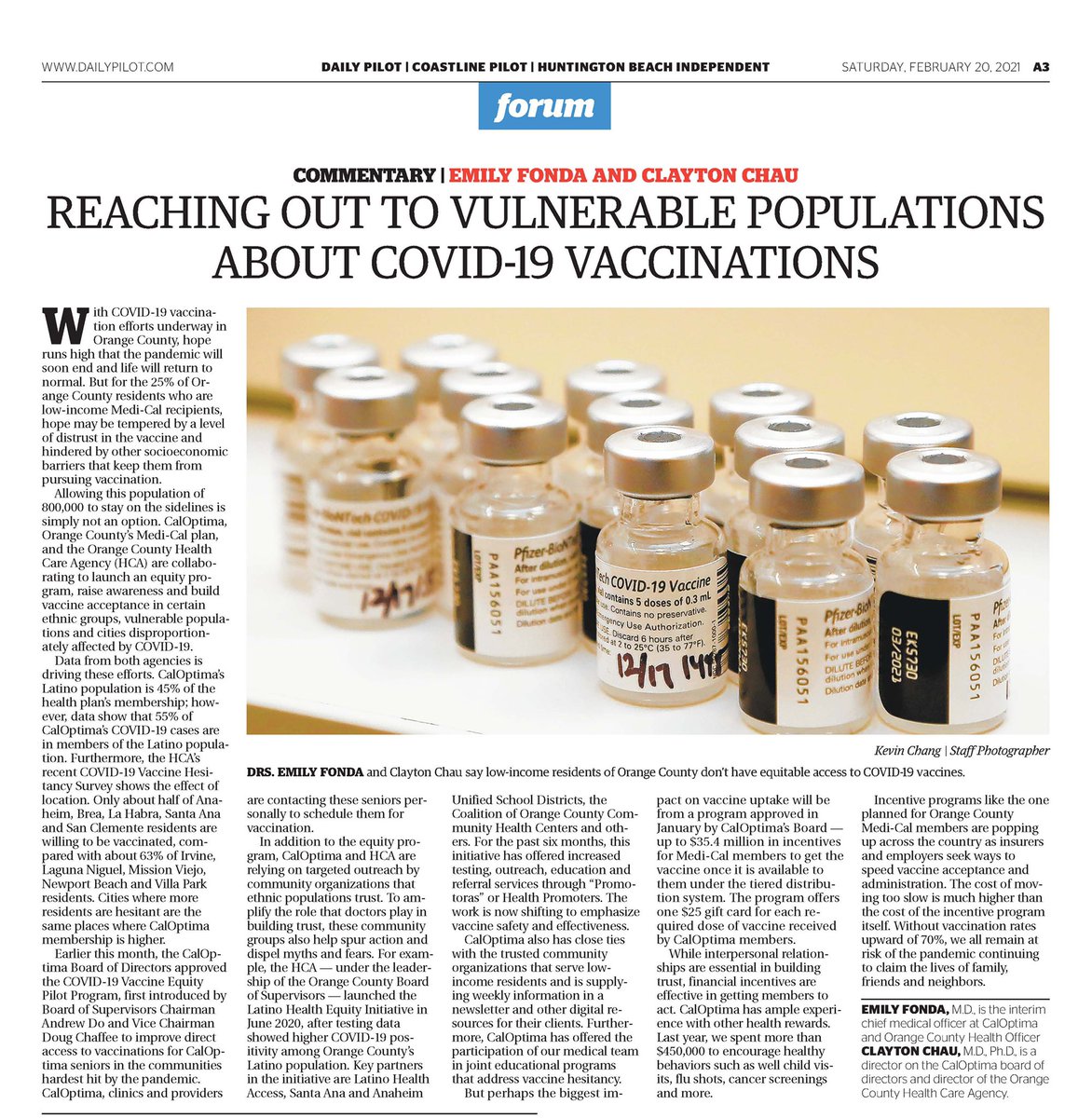Some thoughts from our @OCGovCA Health Officer Dr. Clayton Chau and @CalOptima’s Interim Chief Medical Officer Dr. Emily Fonda regarding reaching out to vulnerable populations about #OCCOVID19 vaccinations (from the @TheDailyPilot).