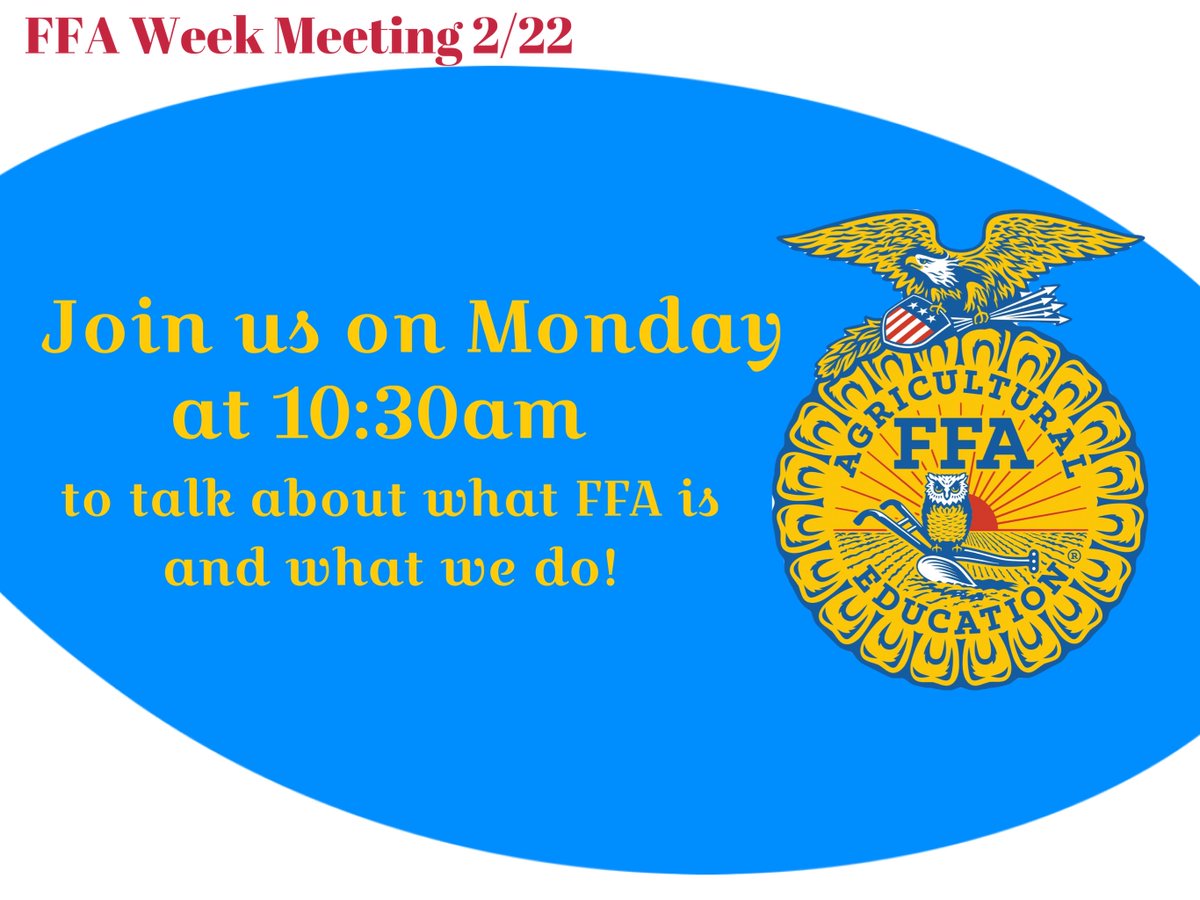 Happy National FFA Week! FFA members join us via Google Meet tomorrow at 10:30 for some FFA knowledge and trivia! <a href="/MrsCarrierBHS/">Candace Carrier</a> <a href="/BlacksburgFFA/">Blacksburg FFA</a> <a href="/BburgHSBruins/">Blacksburg High</a> #FFAWeek