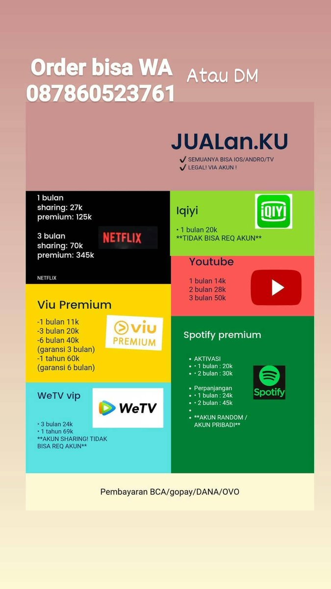 irenesn_'s tweet photo. Hai untuk menemani streaming mu
Yuk OPEN ORDER di JUALan.KU
Netflix, viu, spotify, youtube premium, iqiyi, wetv, dll
✅Terpecaya
✅💯 legal
💳 bca, dana, gopay, 
👉order dm, wa (087860523761)
Untuk order lain app bisa dm dan wa 
Rose
Dita https://t.co/0f5cW7R1Vc