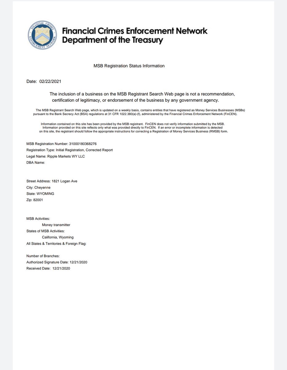 Ripple has registered 2 new cos as MSBs before the FinCEN.

1) Ripplex LLC
-State: COLORADO
-Registered as money transmitter and dealer in FX
-States of MSB activities: ALL

2) Ripple Markets WY LLC
-State: WYOMING
-Registered as money transmitter
-States of MSB activities: TWO