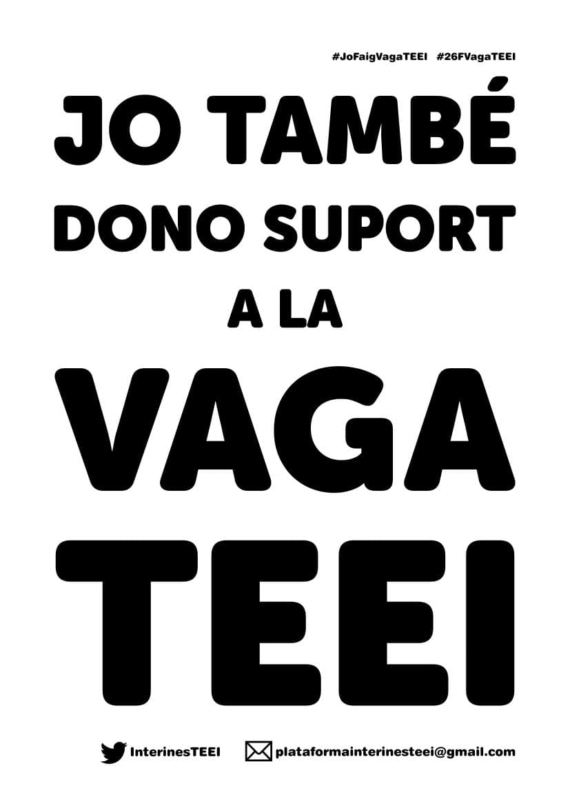 InterinesTeei's tweet photo. Dona el teu suport al #26FVagaTEEI 
⬇️Descàrrega, 
🖨️imprimeix, 
📸fes-te una foto amb el cartell i 📲penja-la a xarxes‼️ #CapTeeiAlCarrer @PicInterins @P_InDo @CGTEnsenyament @USTECSTEs @I_CSC_Educacio @AssGrogaSants @affac_cat @TSILluita @DelInterines @InterinesDIBA @ceppt2021 https://t.co/HE90i1NGfE