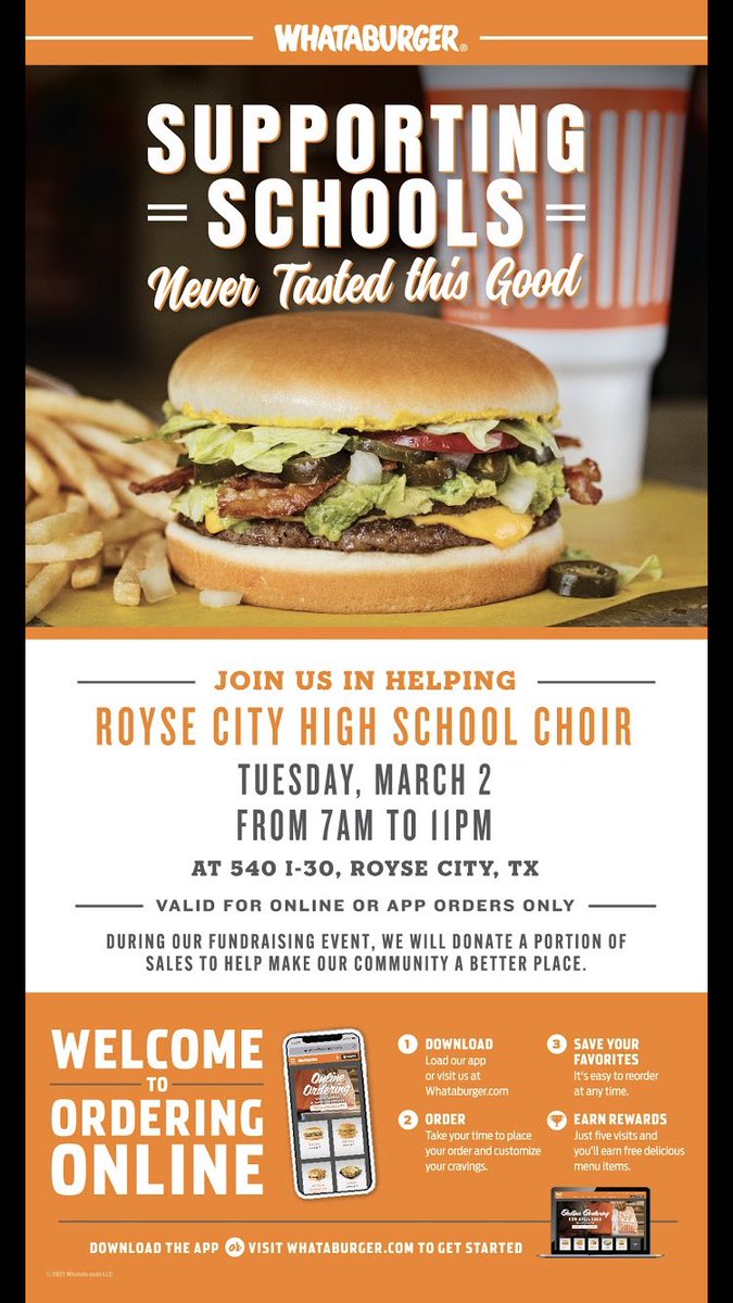 On Tuesday, March 2nd, order online or through the app at the Royse City location. A portion of the sales will go towards the Royse City High School Choir Booster Club. Last time you helped to raise over $300!!