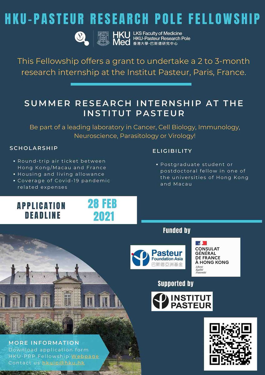[Final call] Don’t miss the chance to undertake a 2 to 3-month research internship <a href="/institutpasteur/">Institut Pasteur, since 1887</a>, Paris, France!

Apply before 28 Feb for the HKU-Pasteur Research Pole #Fellowship: bit.ly/3pHPRIV 

#HKU #HKUMed #HKUSPH