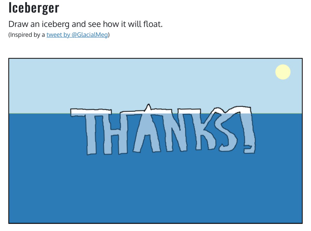 GlacialMeg's tweet image. Just want to say THANKS! (in iceberg letters of course) to everyone for the wonderfully positive responses to my iceberg thread. Let's #TipTheIceberg!

If you haven't yet, use the AWESOME iceberg drawing tool from @JoshData to see stability for yourself (joshdata.me/iceberger.html)