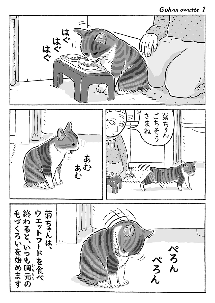 2ページ猫漫画「ごちそうさまのあと」 #猫の菊ちゃん 