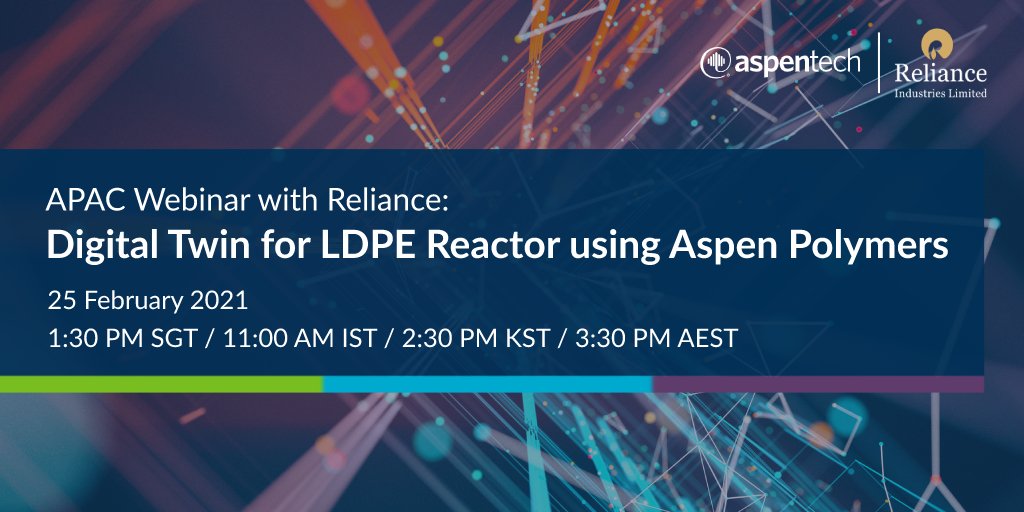 Our next APAC webinar will show how an Indian multinational conglomerate company, Reliance (@relianceindltd), deployed plant #digitaltwin using #AspenPolymers.
Register Now: https://t.co/q6XklV8O1a https://t.co/XAiwAZozZ9