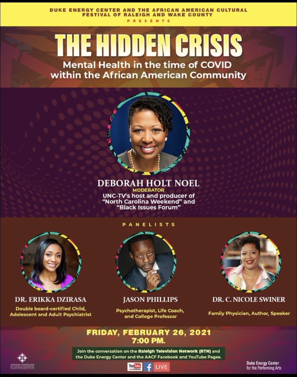 AACFRalWake's tweet image. ⭐️KNOWLEDGE IS POWER‼️ 

In collaboration w/ @DECRaleigh, we present “The Hidden Crisis: Mental Health in the time of COVID in the African American Community.” 

Join our esteemed moderator and panel for an informative conversation! 

Tune in Fri. 2/26 at 7 pm on FB, YT, &amp;amp; RTN.