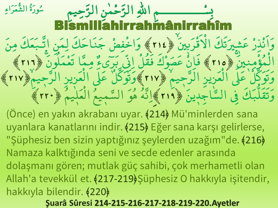 Bismillahirrahmânirrahîm ' (Önce) en yakın akrabanı uyar. Mü'minlerden sana uyanlara kanatlarını indir. Eğer sana karşı gelirlerse, 'Şüphesiz ben sizin yaptığınız şeylerden uzağım' de...' Şuarâ Sûresi 214--220