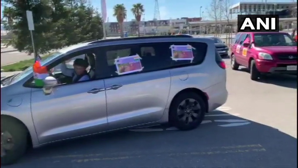 ANI's tweet image. USA: NRIs of the San Francisco Bay Area organised a car rally on 21st February, in support of the Government of India's new Farm Laws