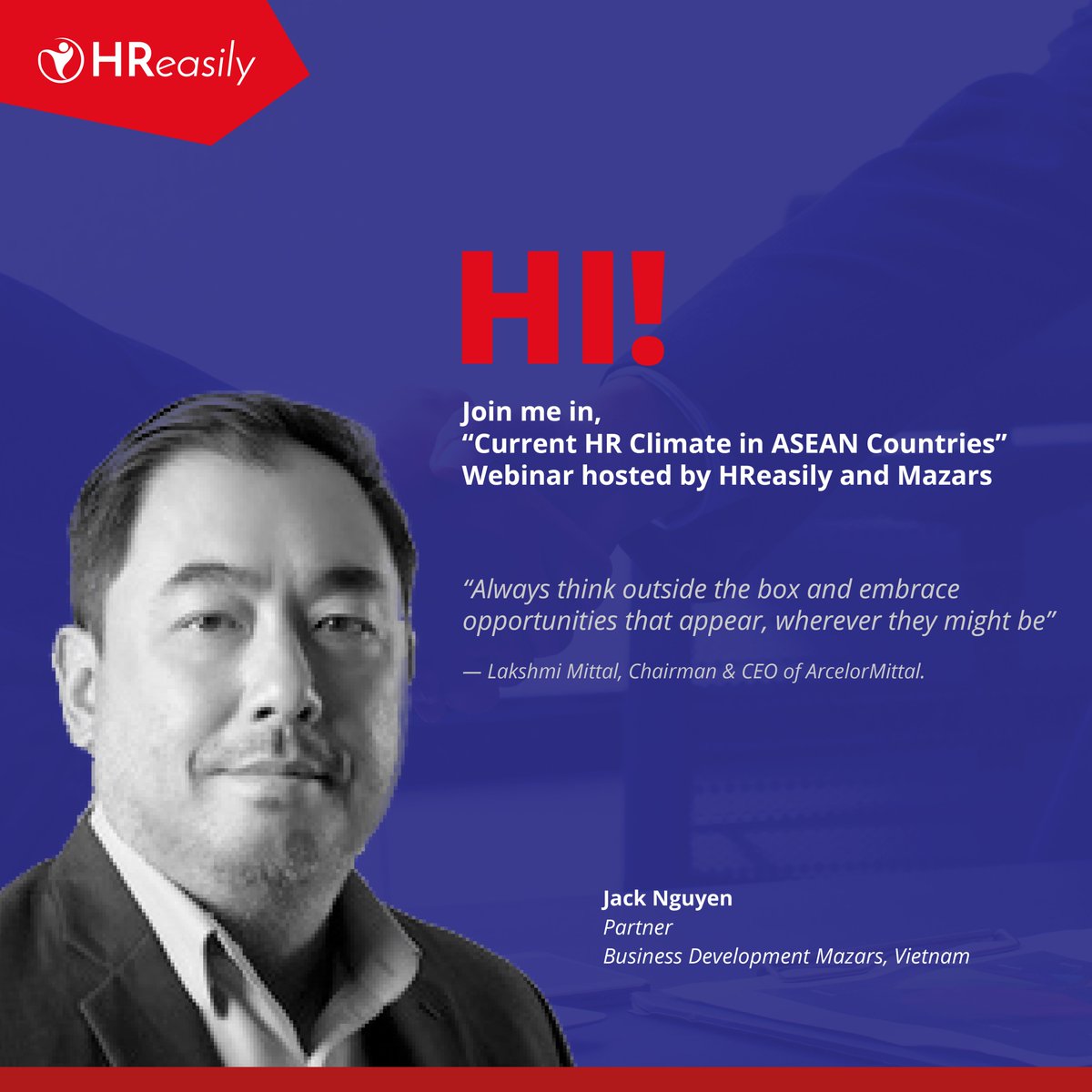 Catch Jack Nguyen alongside 5 other Mazars experts in “Current HR Climate in ASEAN Countries”, an engaging Webinar to discover the possibilities of permanent changes in the HR function. 📆 24th Feb ‘21, 3PM-4:30PM 📆 Secure your virtual seats here 👉🏽 bit.ly/2YVkCi0
