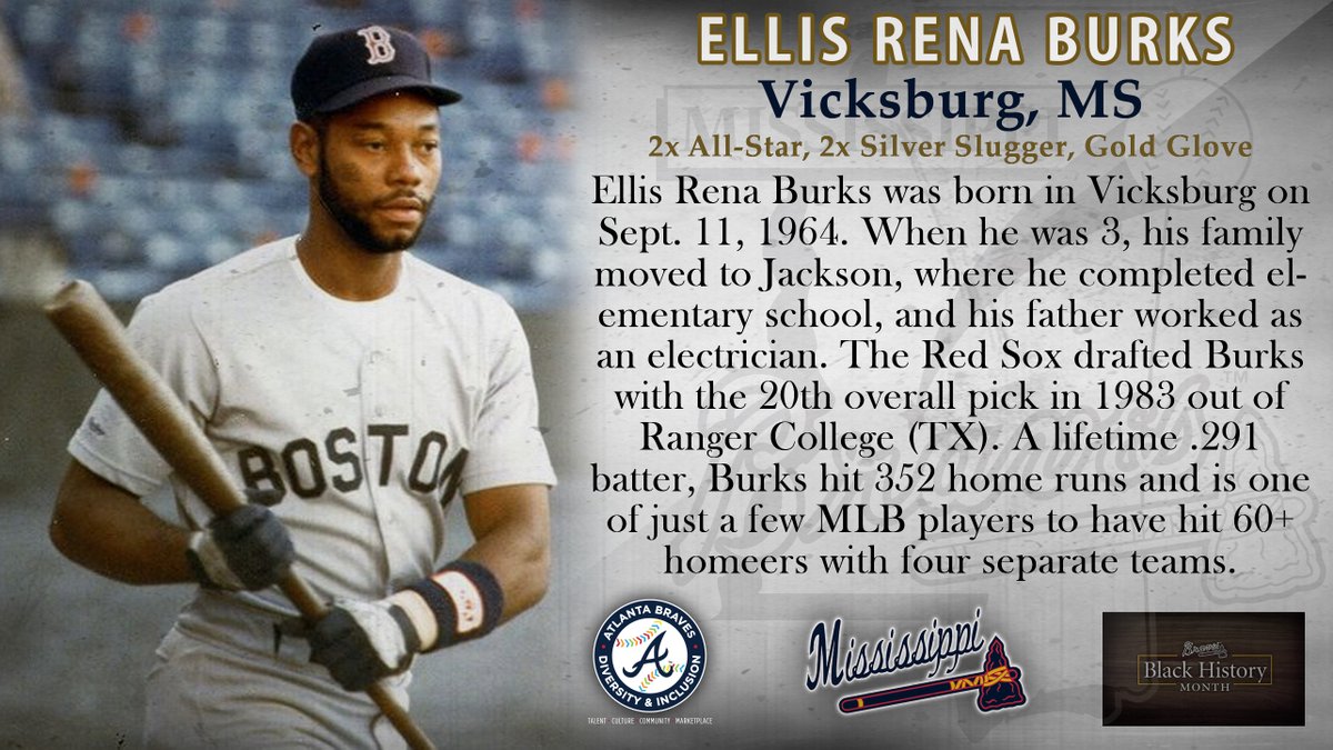 mbraves's tweet photo. We continue to celebrate Mississippi baseball figures this #BlackHistoryMonth that paved the way for the next generation of Black ballplayers.

Ellis Burks, the owner of 352 home runs over 18 @MLB seasons, was born in Vicksburg, MS, and spent his childhood in Jackson. https://t.co/GE7DJEdNEI