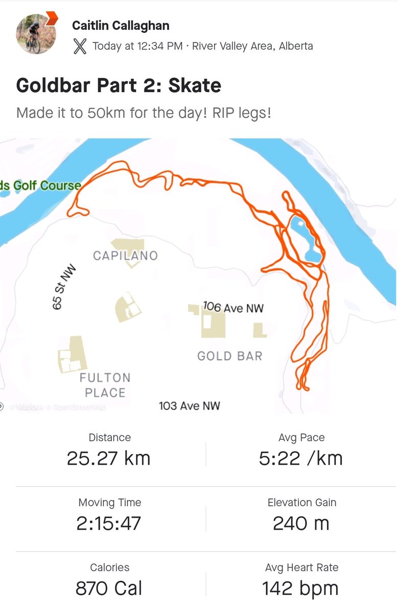 The end of ski-cation! 50km at Goldbar Park as a send-off. The final tally: 6 days, 6 skis, 200km, and 20 hours of some quality Type 2 fun! #yegwinter #xcski #snowmansupport #RIPlegs