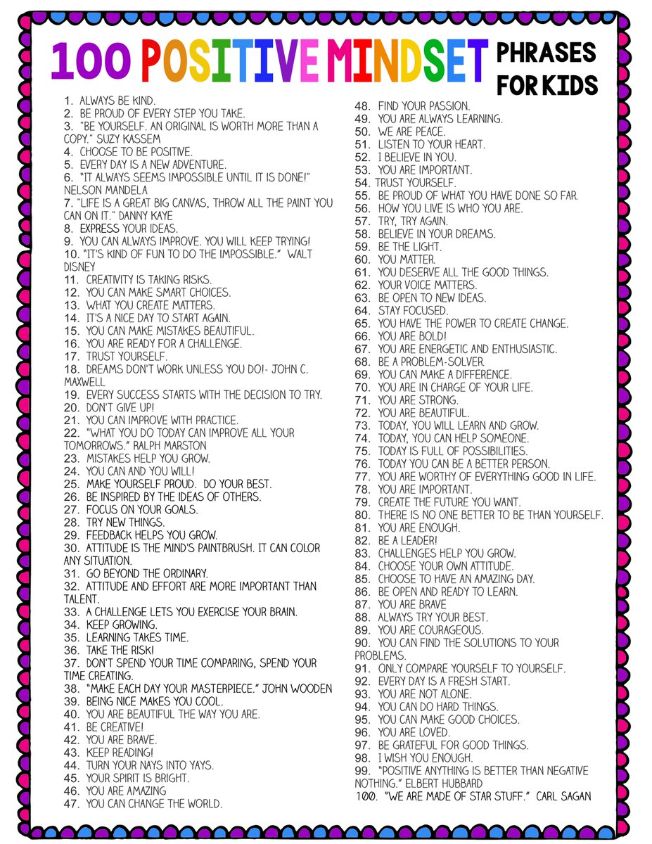 JC_Elementary's tweet photo. Having a positive mindset makes nothing impossible. Here are 100 positive mindset phrases for kids. #sd36learn @JC_Elementary @Surrey_Schools https://t.co/fvYA4CAVIs