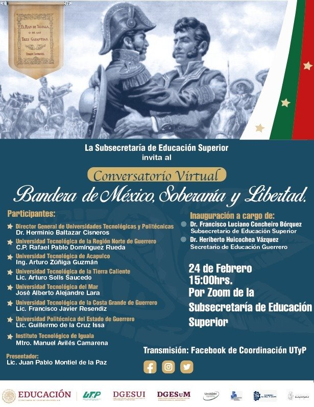 DireccionUTyP's tweet photo. La Subsecretaría de Educación Superior invita al conservatorio virtual: "Bandera de México. Soberanía y Libertad."

Este 24 de febrero a las 15:00 hrs.
Trasmisión en Facebook de Coordinación UTyP
#SubsecretaríaEducaciónSuperior  
#SomosUTyP https://t.co/WrDEPmTfBD