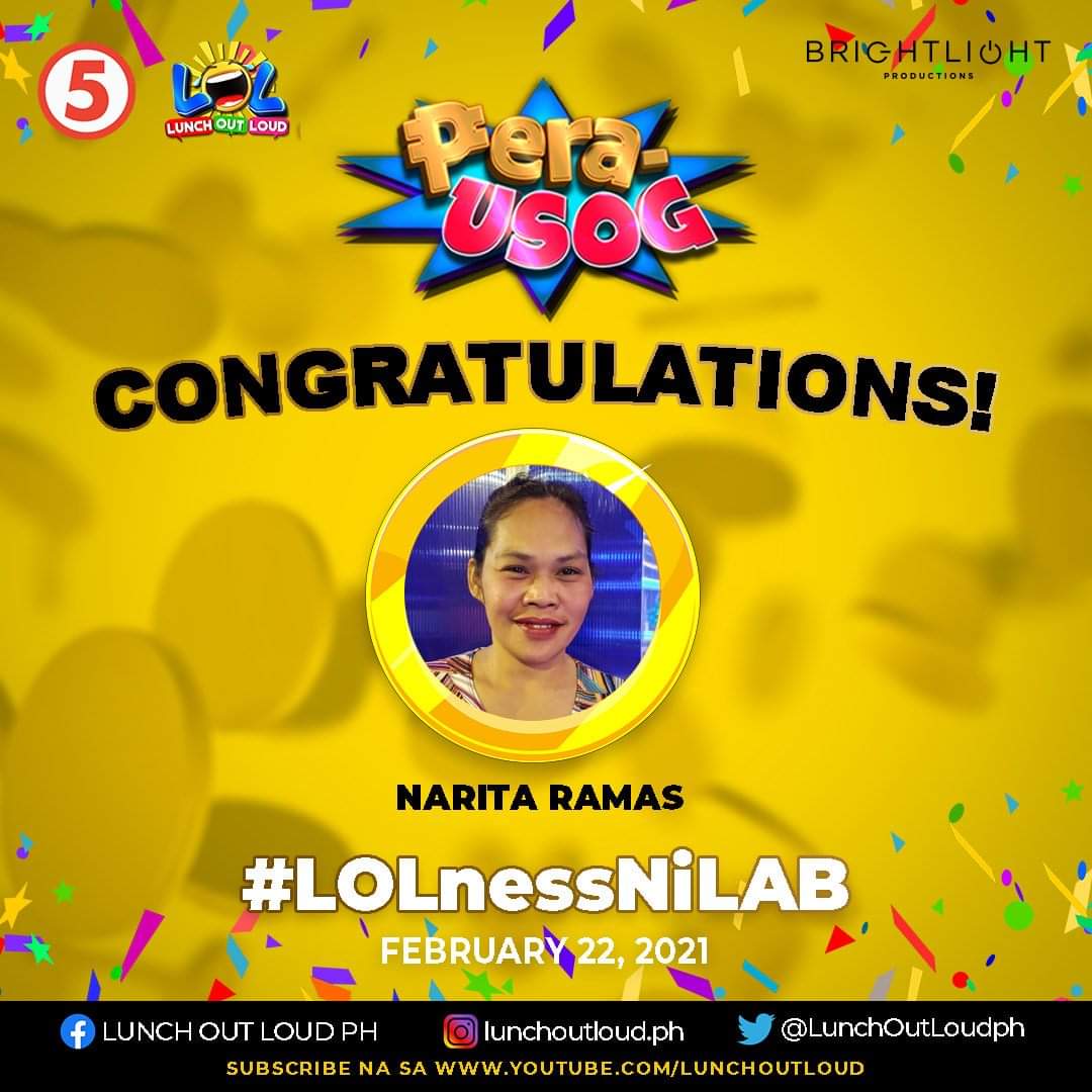 tropang_LOL's tweet photo. π Congrats, Ate Narita Ramas, di mo man nakuha ang Jackpot prize. Mag-uuwi ka pa rin ng total of P10,010 at mga items na nahulaan mo sa Pera Usog!
#LOLnessNiLAB https://t.co/NkJ4zyFHGN