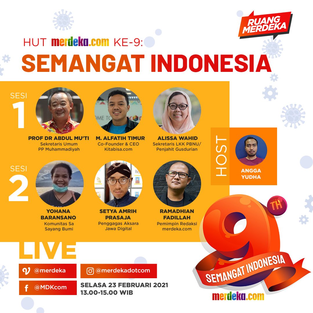 merdekadotcom's tweet photo. Dalam rangka ulang tahun https://t.co/bv9tJyoZer yang ke-9, Ruang Merdeka akan mengangkat tema Seman9at Indonesia.
Selasa, 23 Februari 2021
Pukul: 13.00 - 15.00 WIB
Live di https://t.co/r4NLj1iNcW dan @merdekadotcom
#RuangMerdeka #Seman9atMerdeka #MerdekaBisaBerkarya https://t.co/pJwFZlwixQ