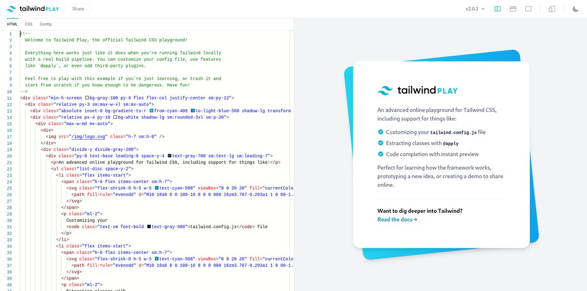 9. Tailwind PlayAn advanced online playground for Tailwind CSS.Link:  http://play.tailwindcss.com 