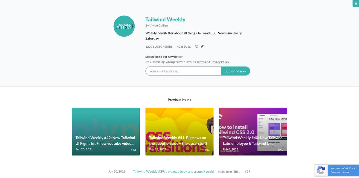 10. Tailwind WeeklyA weekly newsletter about all things Tailwind CSS.Link:  http://getrevue.co/profile/tailwind-weekly