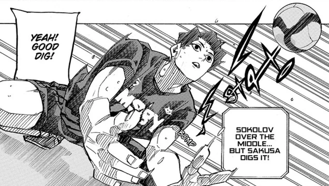 394 ended w sakusa getting ready to receive ushijima's serve and the first time the the match is shown in 395 is sakusa doing a perfect dig ?? 