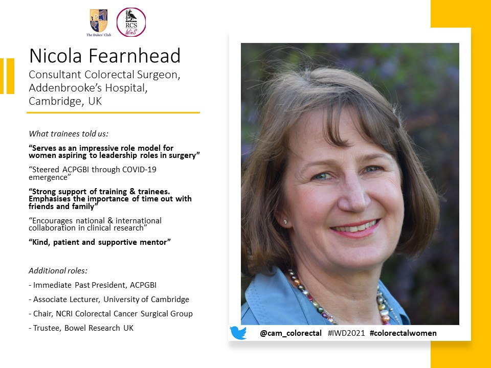 The Dukes' Club (@dukes_club) on Twitter photo Starting our celebration of #colorectalwomen with <a href="/WomenSurgeonsUK/">Women in Surgery</a> meet Nicola Fearnhead
Trainees told us she is inspirational, an impressive role model & supportive mentor. We couldn't wish for more!
<a href="/cam_colorectal/">Nicola Fearnhead</a>
<a href="/CUH_NHS/">Cambridge University Hospitals NHS</a>
#IWD2021
#colorectalwomen #ILookLikeASurgeon Starting our celebration of #colorectalwomen with <a href="/WomenSurgeonsUK/">Women in Surgery</a> meet Nicola Fearnhead
Trainees told us she is inspirational, an impressive role model & supportive mentor. We couldn't wish for more!
<a href="/cam_colorectal/">Nicola Fearnhead</a>
<a href="/CUH_NHS/">Cambridge University Hospitals NHS</a>
#IWD2021
#colorectalwomen #ILookLikeASurgeon