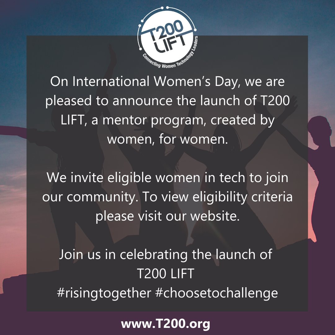 As a member of T200, I am excited to announce the launch of T200 LIFT. This is a mentorship community like no other. We invite eligible women in tech to join our community. t200.org #risingtogether #choosetochallenge #internationalwomensday #T200