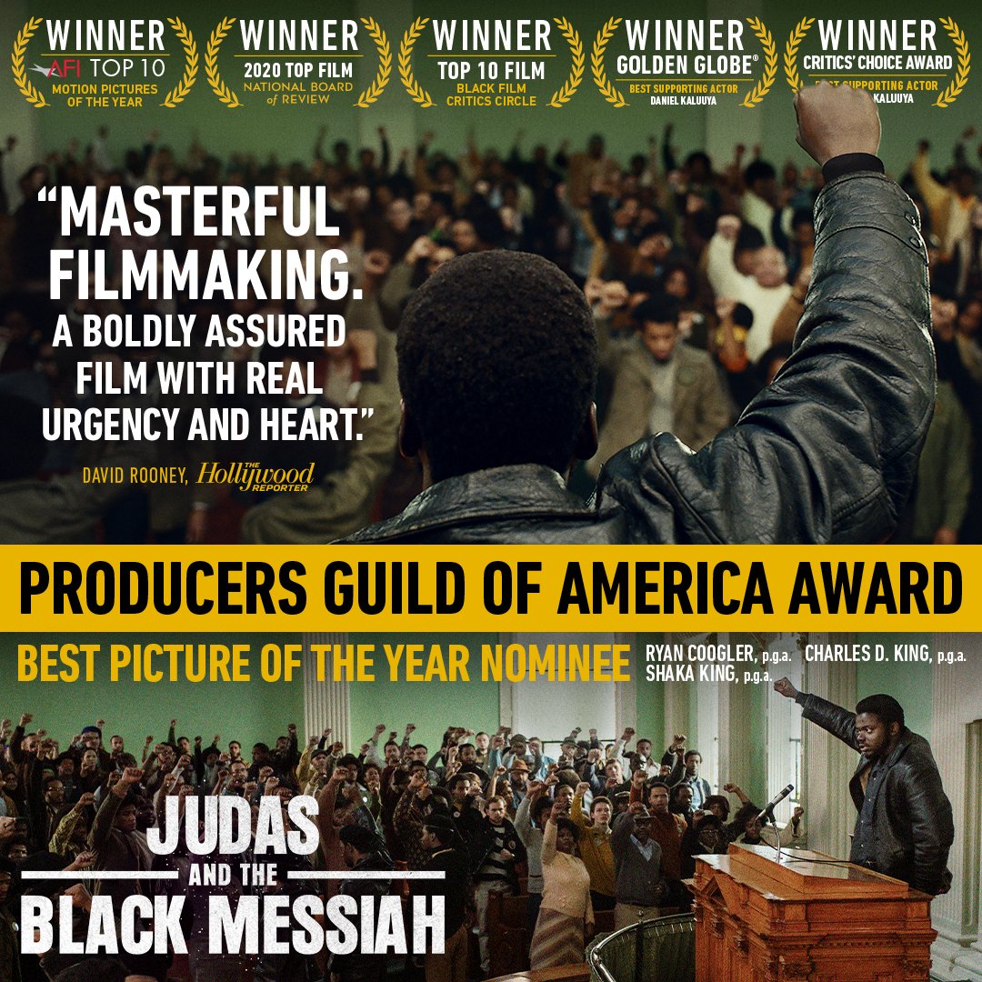 Judas and the Black Messiah (@JATBMFilm) on Twitter photo 2021-03-08 19:55:01 Congratulations to #JudasAndTheBlackMessiah’s Shaka King, Ryan Coogler, and @IAmCharlesDKing for making history as the first all Black producing team to be nominated for the Daryl F. Zanuck Award for Outstanding Producer of Theatrical Motion Pictures. #PGAAwards Congratulations to #JudasAndTheBlackMessiah’s Shaka King, Ryan Coogler, and @IAmCharlesDKing for making history as the first all Black producing team to be nominated for the Daryl F. Zanuck Award for Outstanding Producer of Theatrical Motion Pictures. #PGAAwards