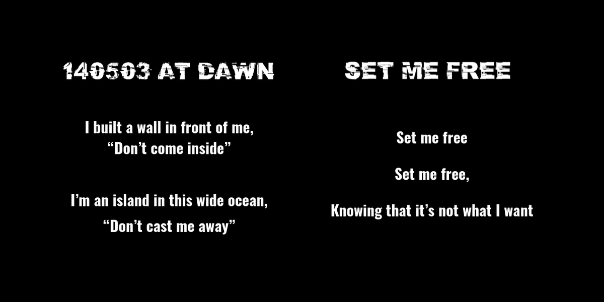 Mental health in Yoongi's music is talked about extensively so I will just look at connecting themes here. Let's start with the conflicting thoughts brought in 140503 At Dawn and Set Me Free. They both exhibit great examples of cognitive dissonance (conflicting behaviors). +