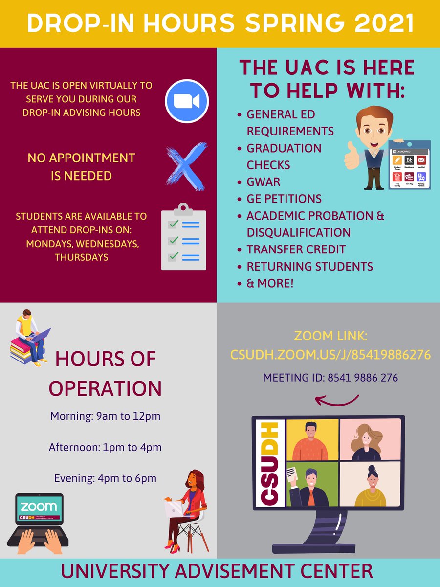 CSUDHAdvisement's tweet photo. STOP BY OUR DROP-IN HOURS! NO APPOINTMENT NEEDED https://t.co/cF9eBayiVA