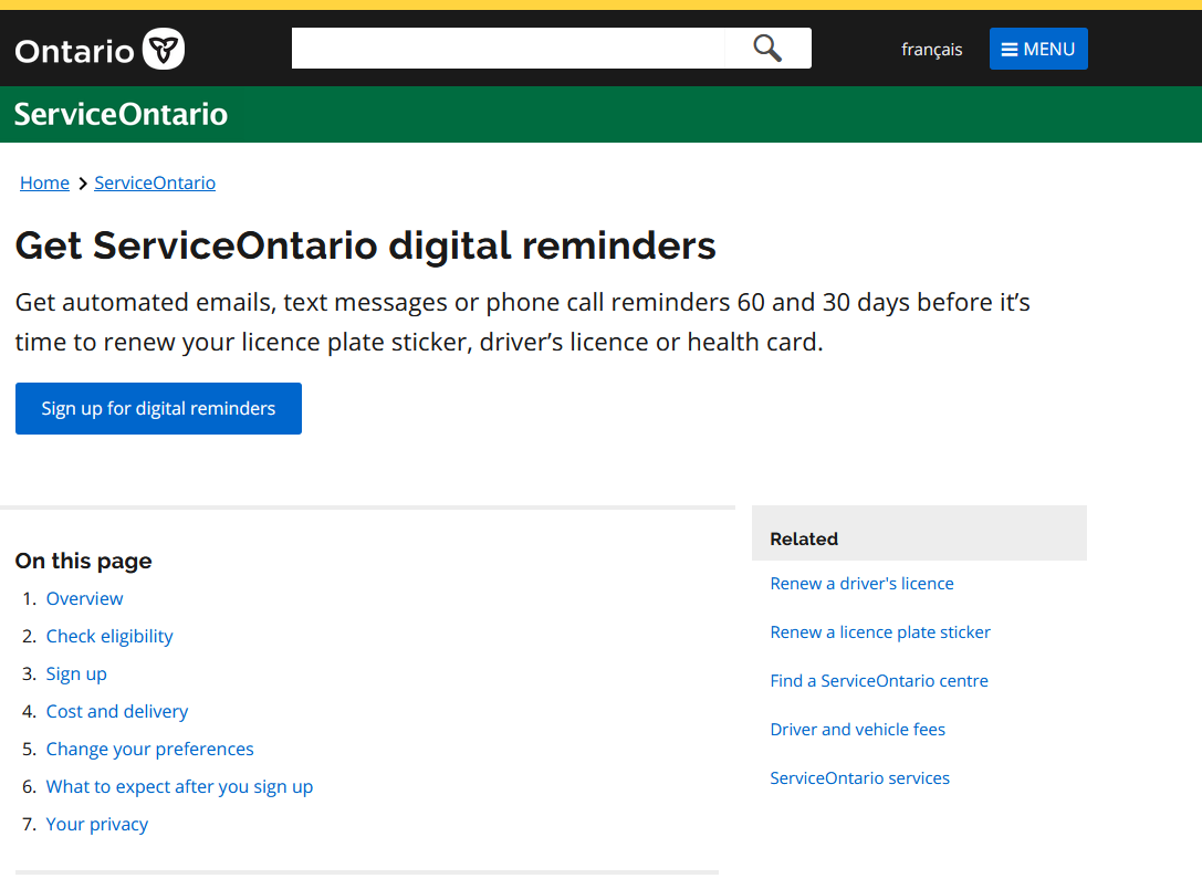 CivicsCom's tweet photo. "Get ServiceOntario digital reminders:

Get automated emails, text messages or phone call reminders 60 and 30 days before it’s time to renew your licence plate sticker, driver’s licence or health card."

https://t.co/nKQwv1LC19 https://t.co/D9Dutc7DuX
