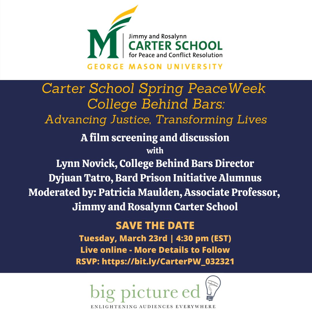 DAndDProject's tweet image. Join the Transitioning Justice Peace Lab at the Carter School for this important Peace Week event. Register at bit.ly/CarterPW_032321. Contact Patricia Maulden (pmaulden@gmu.edu) for additional information.