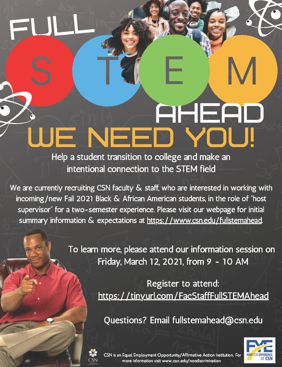 STEMatCSN's tweet photo. @CSNCoyote Faculty and Staff - are you interested in being hosts for the Full STEM Ahead pilot program this Fall? There is an information session this Friday (March 12) at 9am! Visit https://t.co/pFAbNOlAmy https://t.co/tK9JTRpGjo