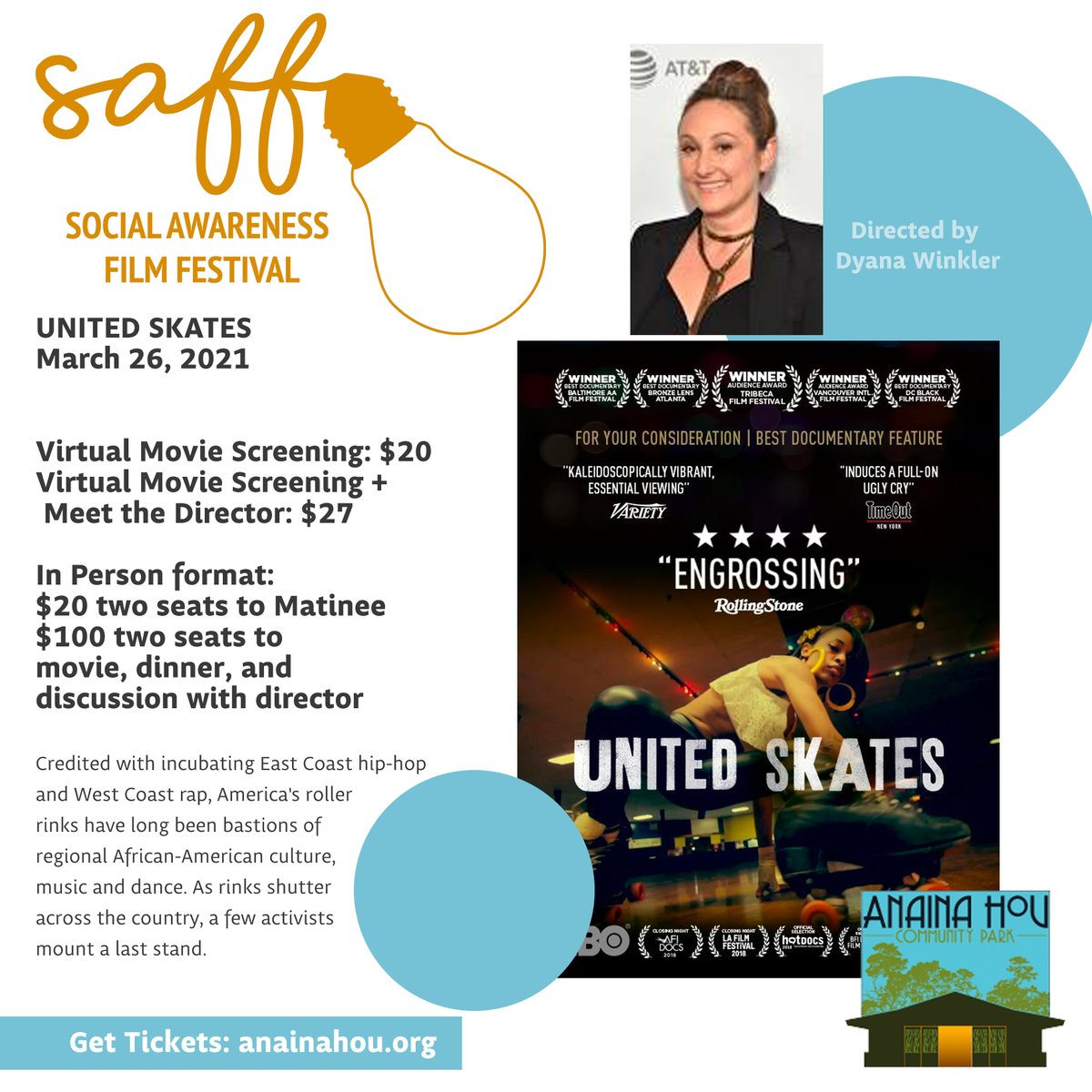 anainahou's tweet photo. March 26th, don't miss our SAFF screening of UNITED SKATES a documentary about the influence roller rinks had on East Coast Rap and Hip Hop, and subsequently African-American culture. #rollerskating  #socialawareness #rap #hiphop #skateculture @dyanawinkler @UnitedSkatesDoc https://t.co/dTwl9LI0Kh