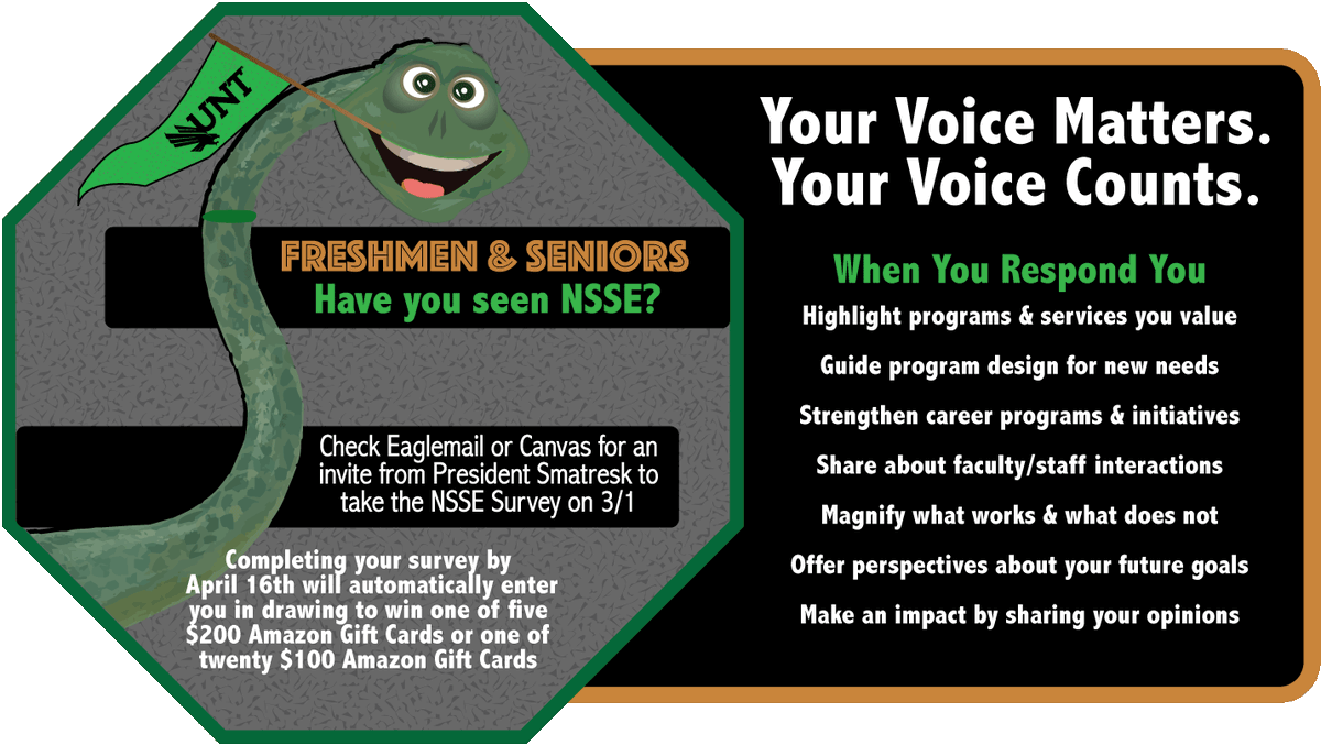 UNTConnect's tweet photo. Have you seen NSSE?🦕⁠
Check your UNT email for a link to the survey and if you complete it by April 16th to have a chance to win an Amazon gift card! ⁠ https://t.co/u8qZYHQpDR