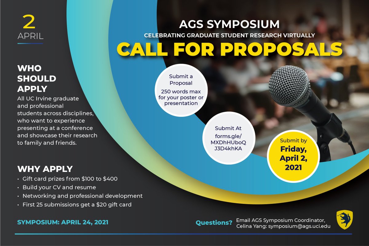 agsuci's tweet photo. ⭐️ CALL FOR PROPOSALS ⭐️
The AGS Virtual Symposium, taking place on Saturday, April 24th, is NOW ACCEPTING PROPOSALS THRU APRIL 2ND! We have over $6,000 in gift card awards this year 💛💙
Submit your 250 word abstract here https://t.co/RGcvps0lAp
@UCIrvineGD @UCIrvine #uciags https://t.co/dVdgmbFyAt