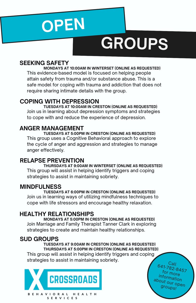 CrossroadsBHS's tweet photo. Our groups start this week! Give us a call at 641-782-8457 for more information!  Most insurance policies are accepted and for those who qualify, financial assistance is available. #CrossroadsCares https://t.co/AB26OaFgbE