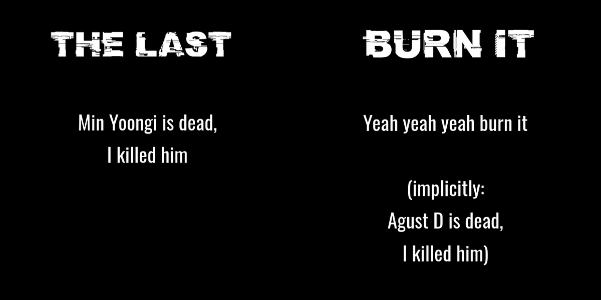 If you recall the Daechwita MV ( black-haired Agust D shoots the blonde imposter king), and the thematic tone of change set by Moonlight, you'll see now that the person he used to be is d*ad, Min Yoongi k*lled him (or rather burned him). +PS. The hook reminds me of Outro Tear!