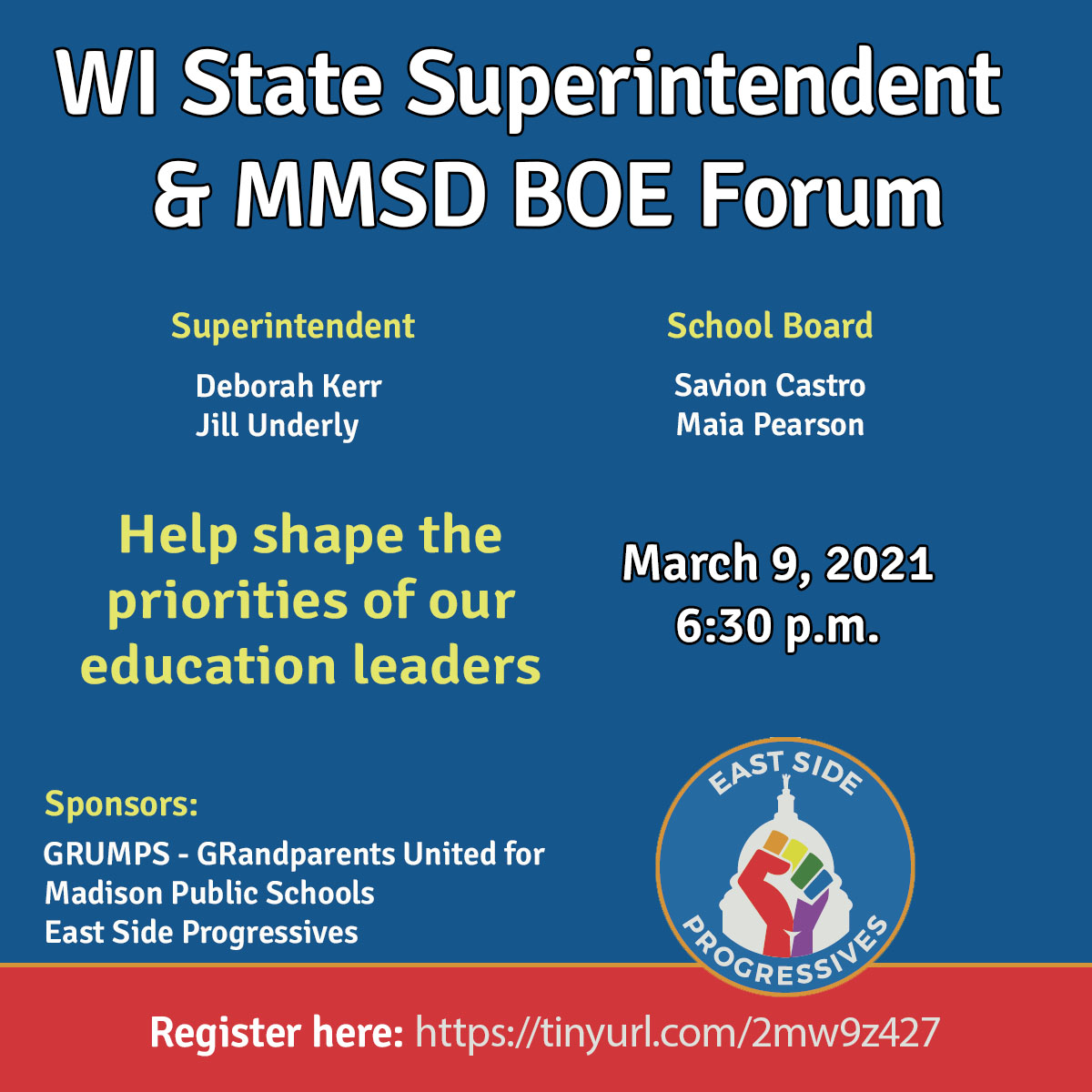 msnprogressives's tweet photo. TOMORROW! Join us at 6:30PM as we invite State Superintendent candidates Deborah Kerr and Jill Underly along with MMSD BOE candidates Savion Castro and Maia Pearson to an online Forum. Register now! https://t.co/ECpNqNh7YF https://t.co/CJjcqc7hGr