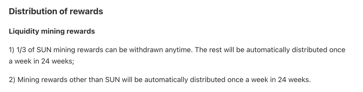 DiarioBitcoin's tweet photo. @justinsuntron @DeFi_JUST @Poloniex @kucoincom @MXC_Exchange @TokenPocket_TP Beware, 2 thirds of your rewards will be locked for 6 months:

"1/3 of SUN mining rewards can be withdrawn anytime. The rest will be automatically distributed once a week in 24 weeks;"

https://t.co/vBstuQafOP https://t.co/jTIS531wLQ