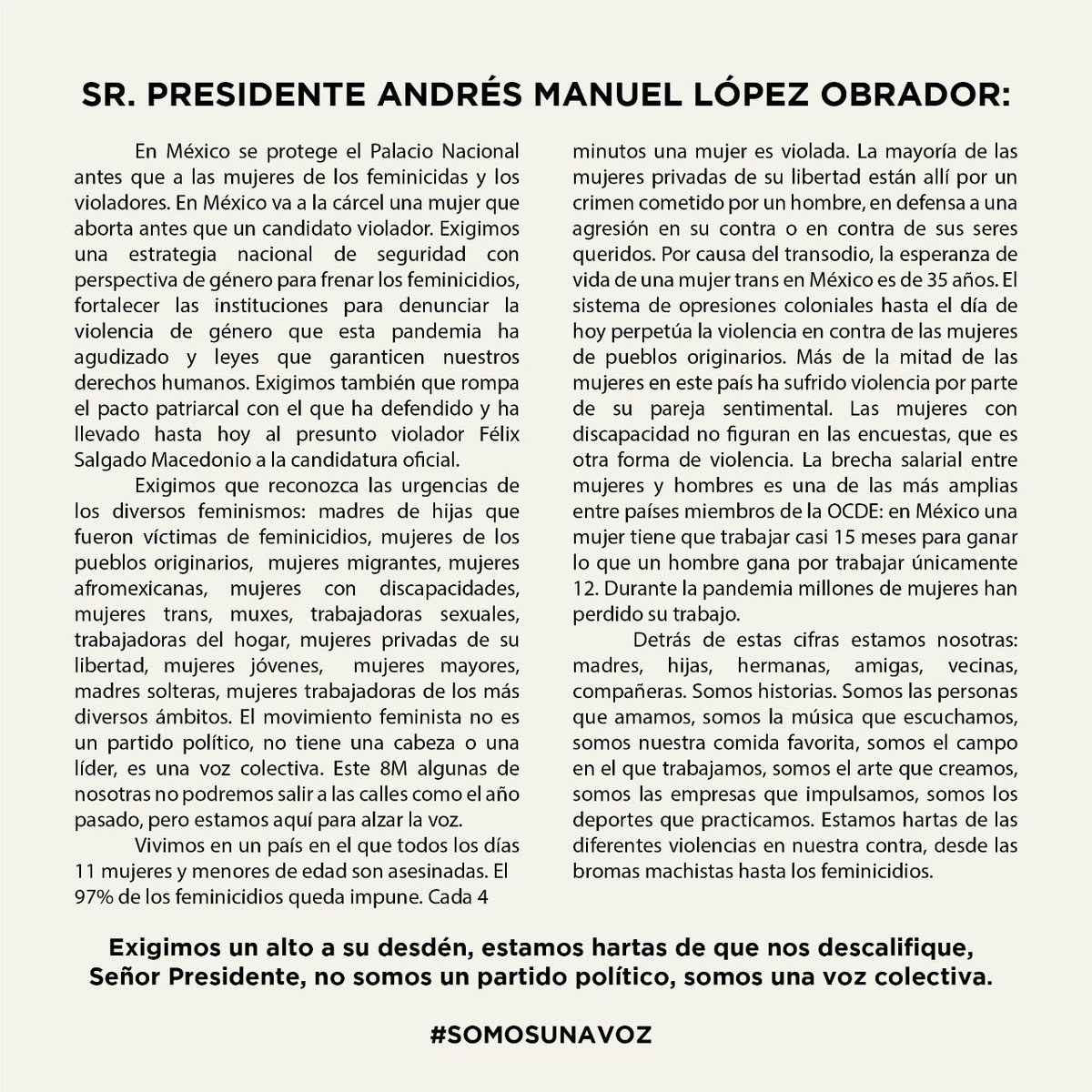 Aquí la carta al presidente Andrés Manuel López Obrador. #SomosUnaVoz #8M