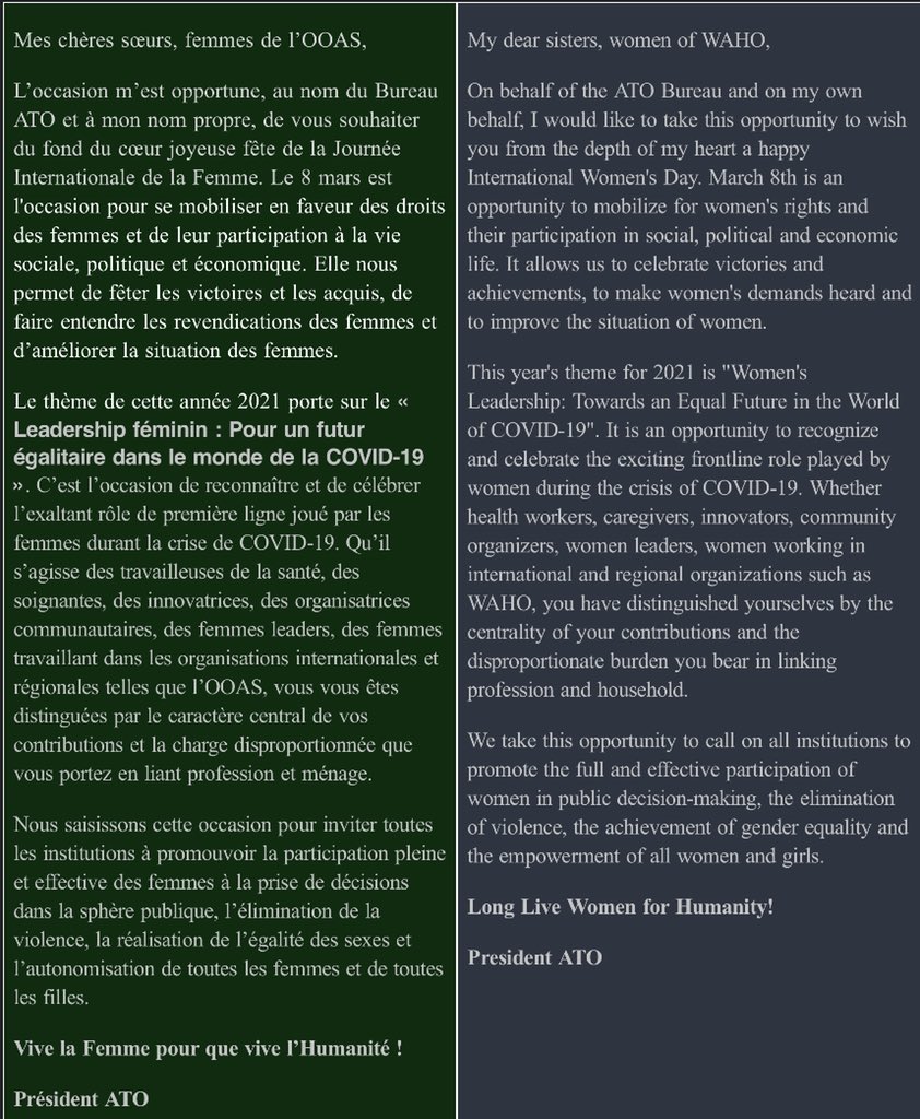 Happy International Women’s Day from the ATO President Dr <a href="/namoukei/">Namoudou Keita</a> #IWD2021