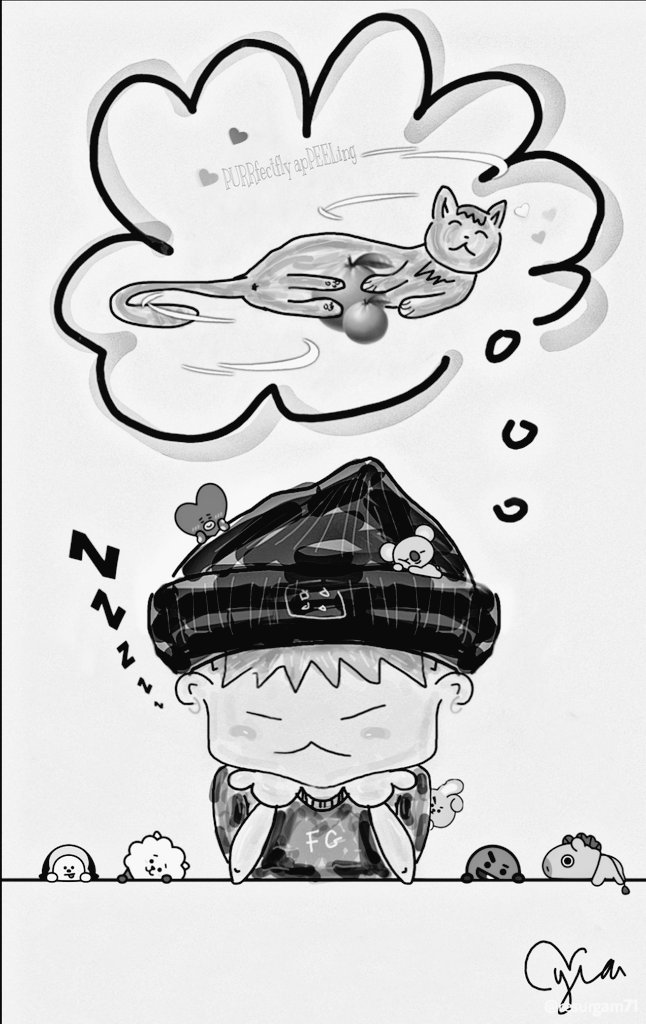 Resurgam71's tweet photo. #HappyBirthdayYoongi U deserve a "PURRfectly apPEELing" day filled with cat-like bliss, tangerine dreams &amp; then some💜 @BTS_twt #Btsfanart #DesperatelySeekingStylus #HAPPYSUGADAY #mintsuga #bt21 #SugaIsWorthEmbarassingMyselfOver✌😉
 Quick doodle while stuck @ work #귤애옹 🍊🐱~ https://t.co/Lh8QM1LsoQ