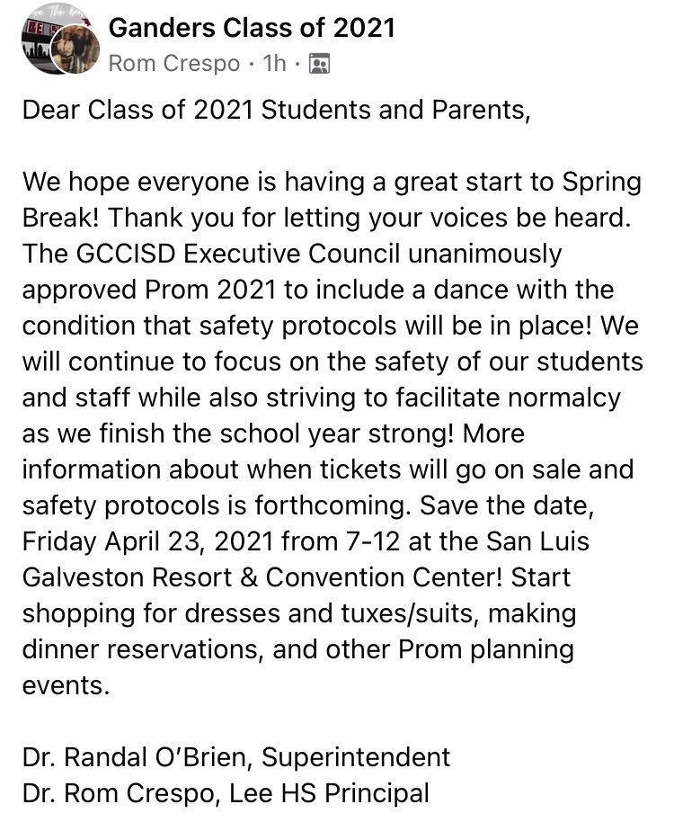 Class of 2021 Prom Update!