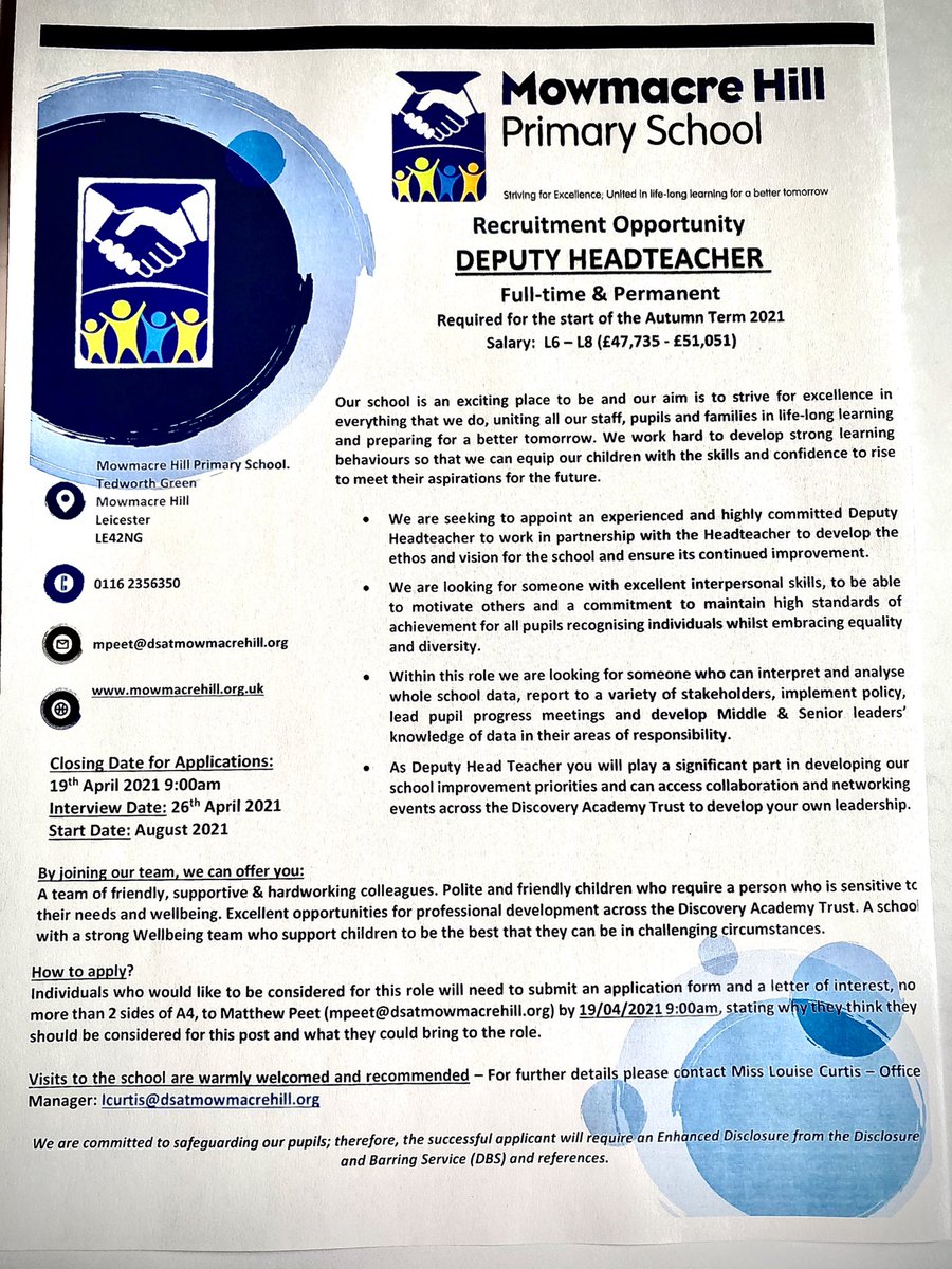 MowmacreHill's tweet photo. We are looking to appoint a Deputy Headteacher at our amazing school - We very much would welcome interested candidates to visit the school - come along and meet our awesome staff and amazing children #EverydayHeroes #Team #Family See photographs &amp; ETeach for more information. https://t.co/chCDm4nOl6