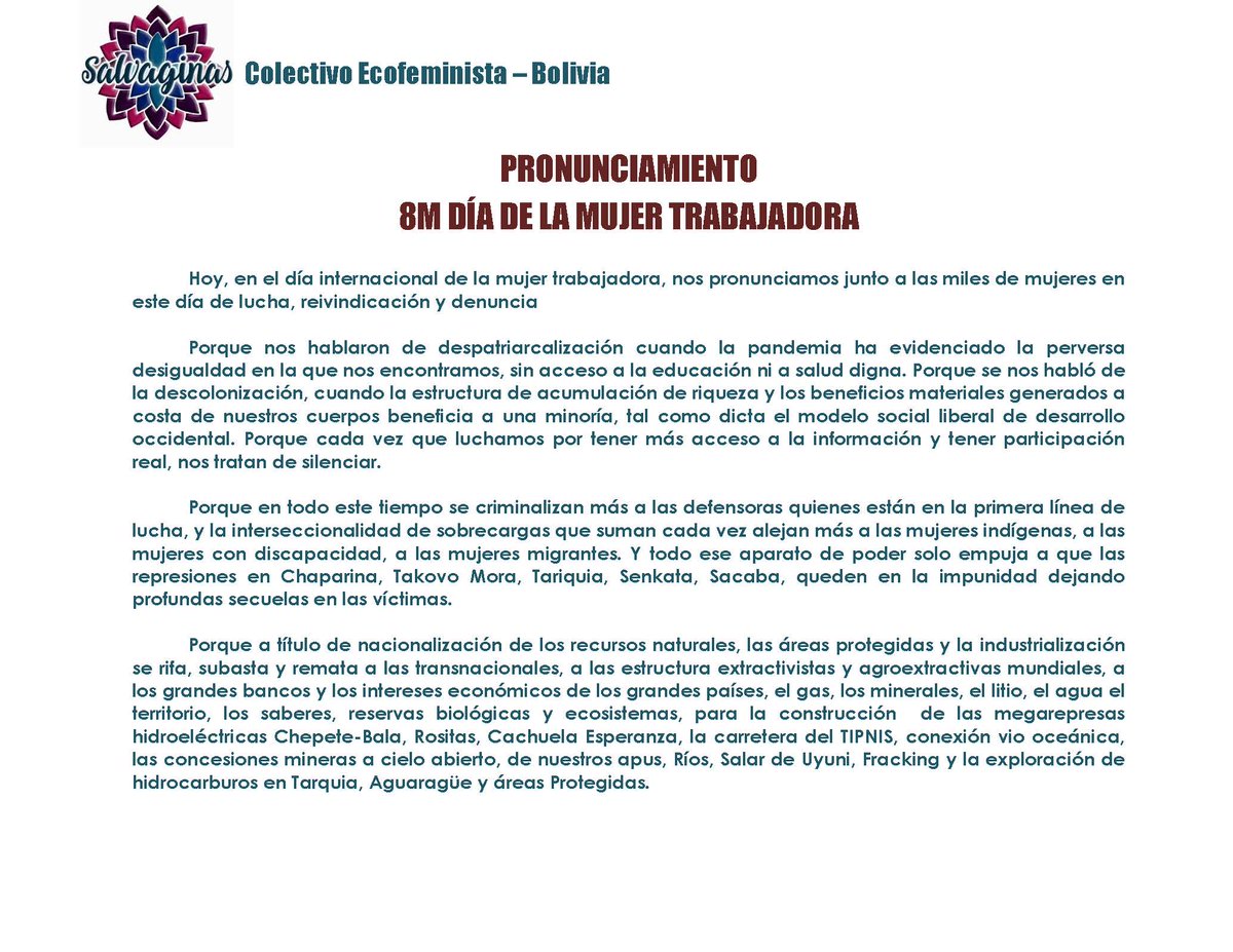 Salvaginass's tweet photo. PRONUNCIAMIENTO #8MBolivia
Hoy, en el día internacional de la mujer trabajadora, nos pronunciamos junto a las miles de mujeres

Porque BOLIVIA SERÁ plurinacional, anticapitalista, anticolonial, antiextractivista, antipatriarcal, antiracista, antifascista o NO SERÁ!!! https://t.co/LASpOQ7slA